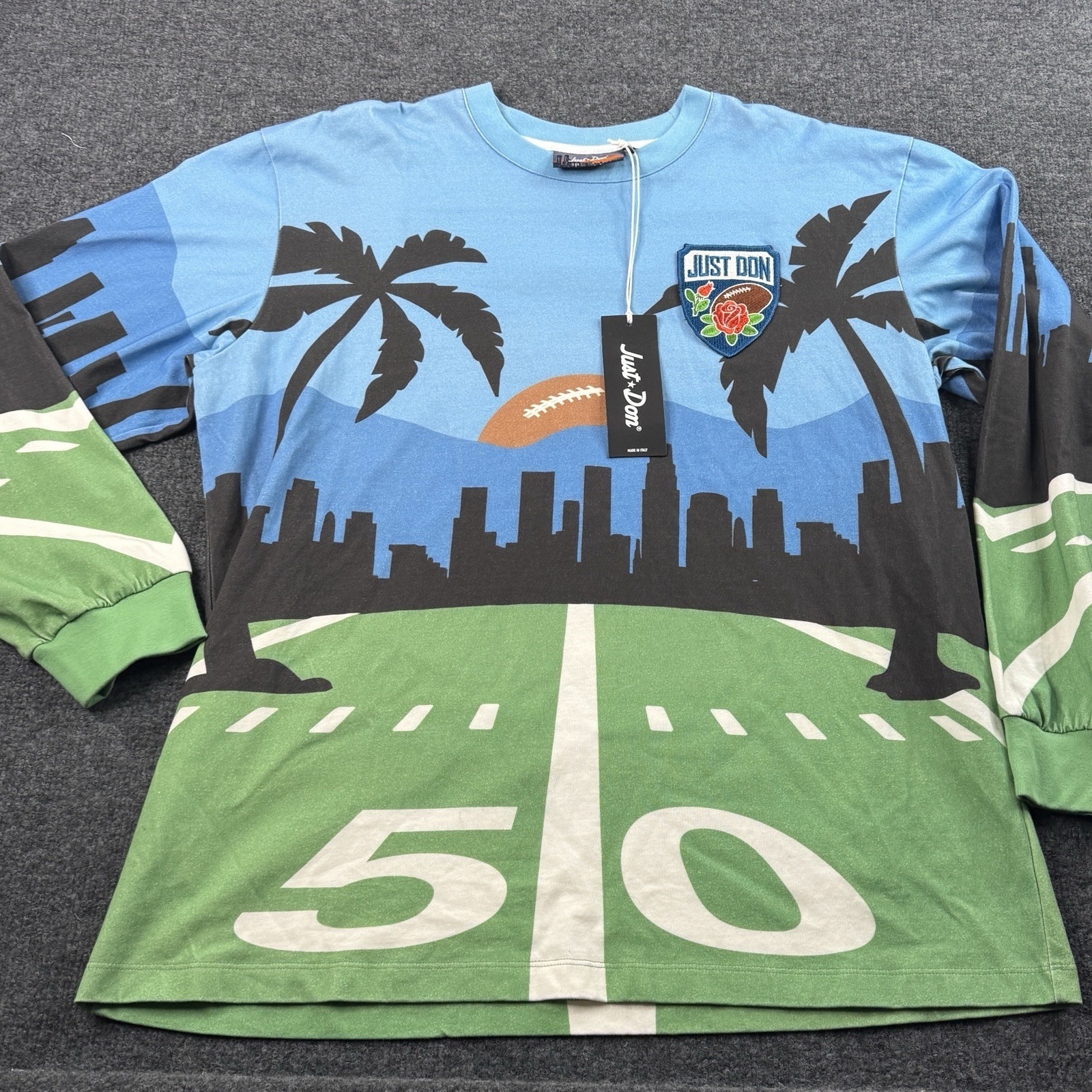 Just Don Mens Xxl Football Skyline Palm Tree Embroidered Patch Allover Print Nwt